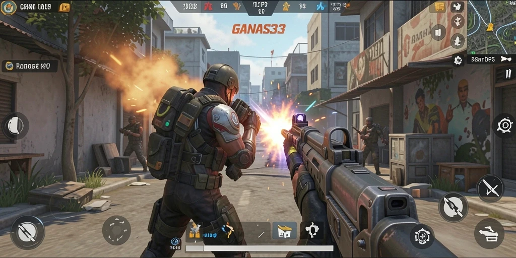 Gameplay seru dalam GANAS33 dengan aksi tembak-menembak.
