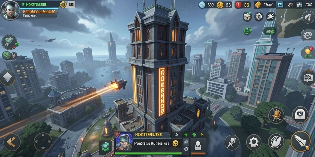 Screenshot gameplay HOKITERUS88 menampilkan menara dan musuh dalam pertempuran strategis.