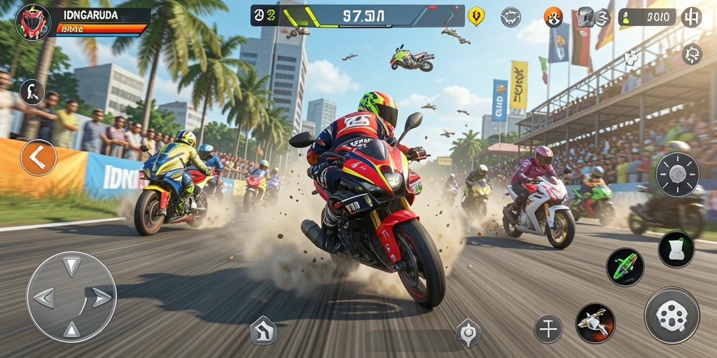 Gameplay seru di IDNGARUDA dengan balapan motor yang mendebarkan.