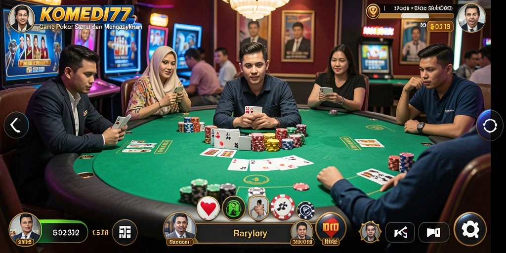 Tampilan gameplay seru di KOMEDI77 dengan suasana poker yang mendebarkan.