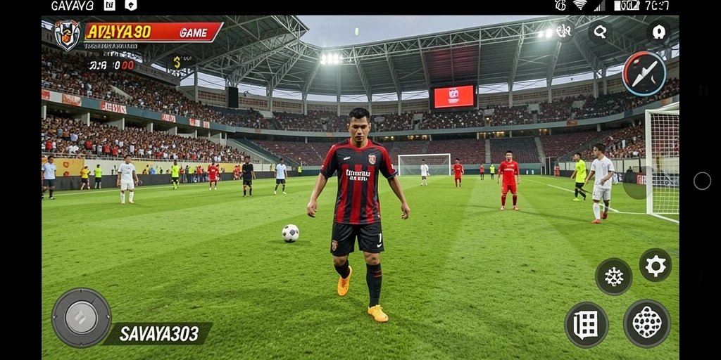 Tangkapan layar gameplay SAVAYA303 menampilkan aksi mendebarkan di lapangan sepak bola.