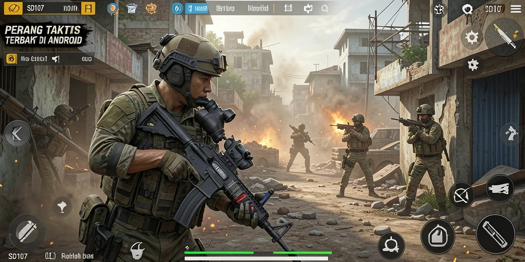 Tampilan gameplay SD107 dengan aksi tembak-menembak yang mendebarkan.